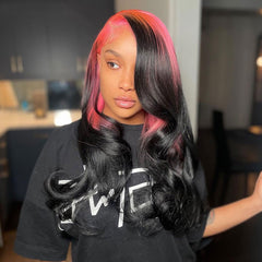 Pink Highlight on Black Hair Lace Front Wig 100% Human Hair Wigs