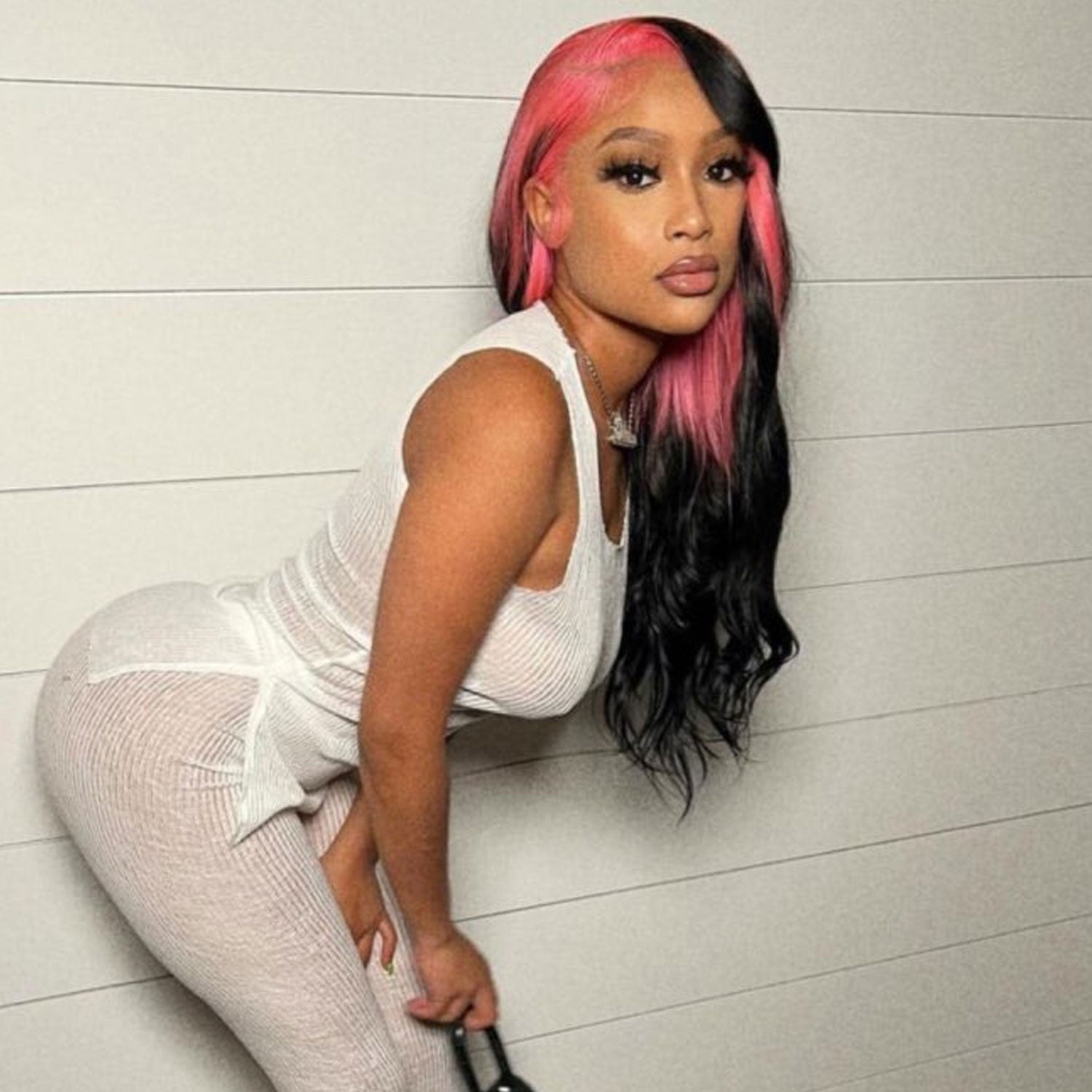 Pink Highlight on Black Hair Lace Front Wig 100% Human Hair Wigs