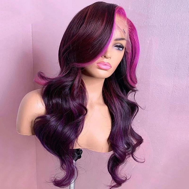 Pink Purple Human Hair Wig Pink Streak at Front | SULMY.