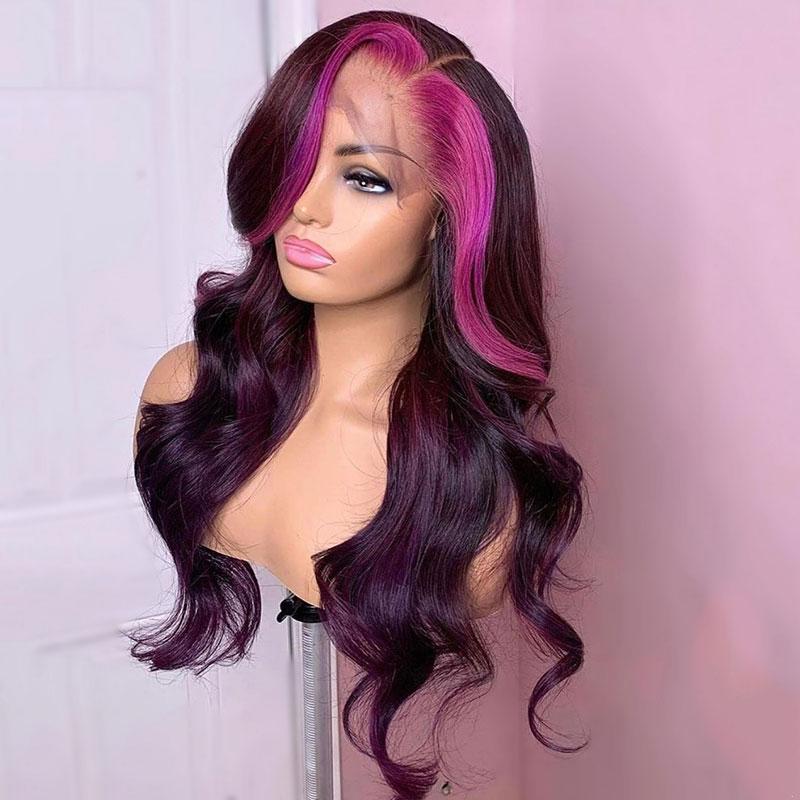 Pink Purple Human Hair Wig Pink Streak at Front | SULMY.