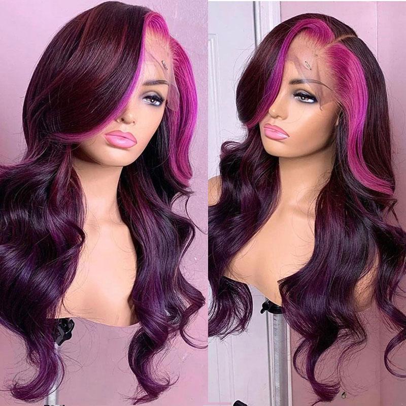 Pink Purple Human Hair Wig Pink Streak at Front | SULMY.
