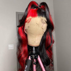 Red And Black Split Human Hair Wig With Red Streaks Lace Front Wigs