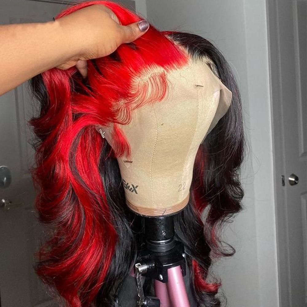 Red And Black Split Human Hair Wig With Red Streaks Lace Front Wigs
