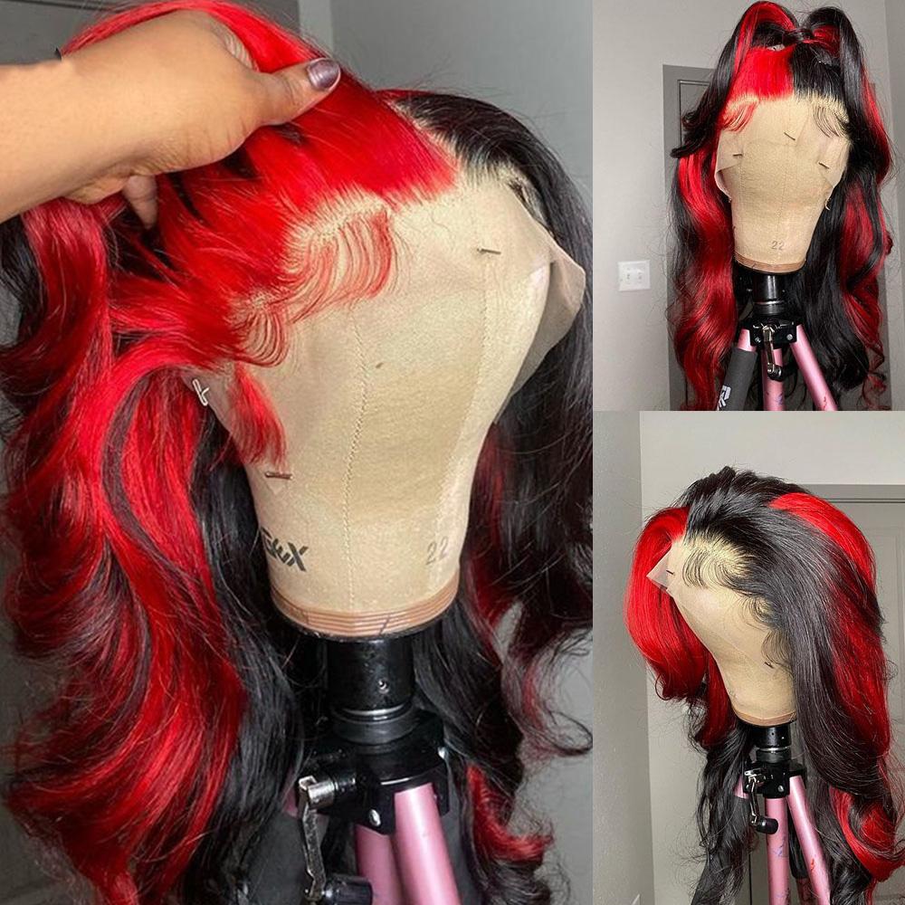 Red And Black Split Human Hair Wig With Red Streaks Lace Front Wigs