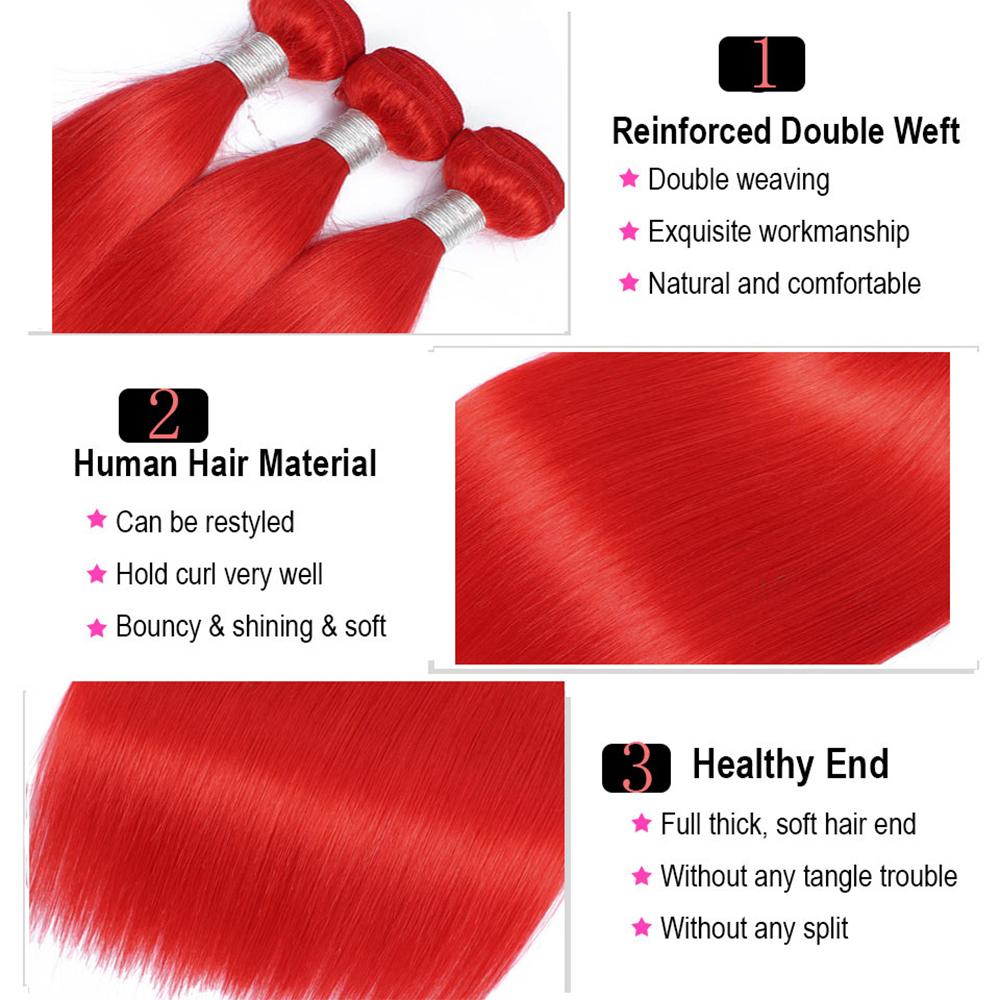 Red Bundles With Closure Straight Bright Red Hair Weave With Closure