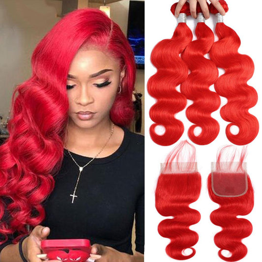 Red Bundles With Closure Wavy Bright Red Hair Weave With Closure