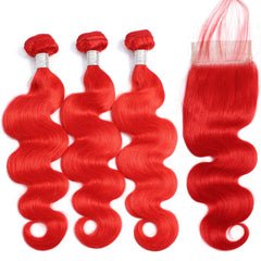 Red Bundles With Closure Wavy Bright Red Hair Weave With Closure