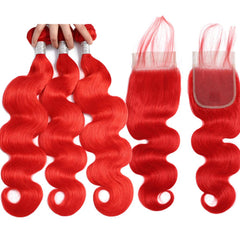 Red Bundles With Closure Wavy Bright Red Hair Weave With Closure
