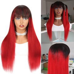 Red Wig with Bangs #1b/red Ombre Human Hair Wigs with Dark Roots
