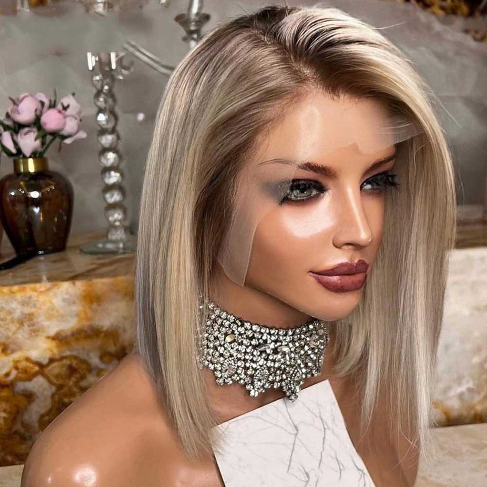 SULMY Ash Blonde Short Bob Wigs with Dark Roots 100% Human Hair