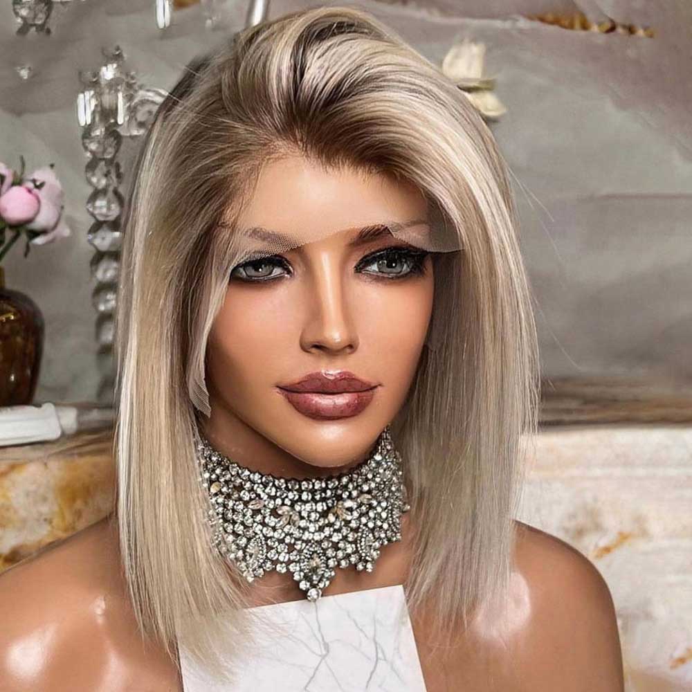 Ash Blonde Wig With Dark Roots