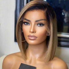 SULMY Brown Short Bob Wigs with Dark Roots 100% Human Hair
