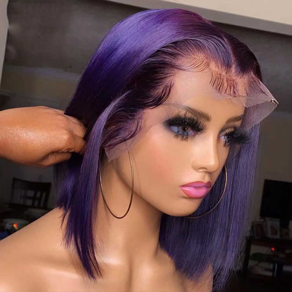 SULMY Dark Purple Short Bob Wigs 100% Human Hair
