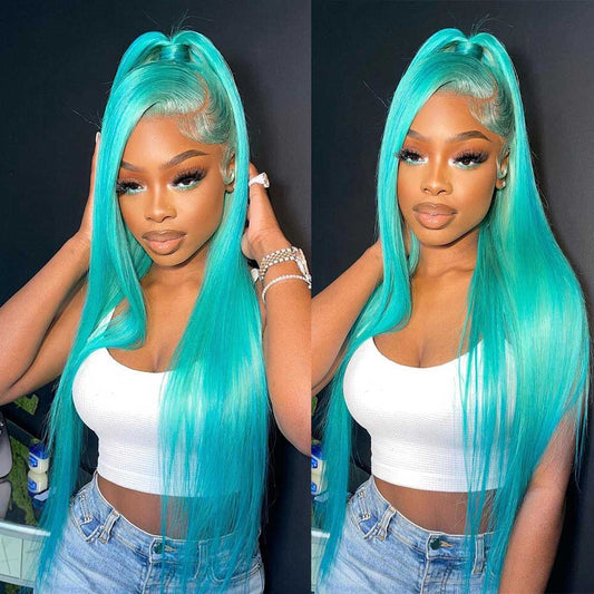 SULMY Mint Green Straight Human Hair Wigs