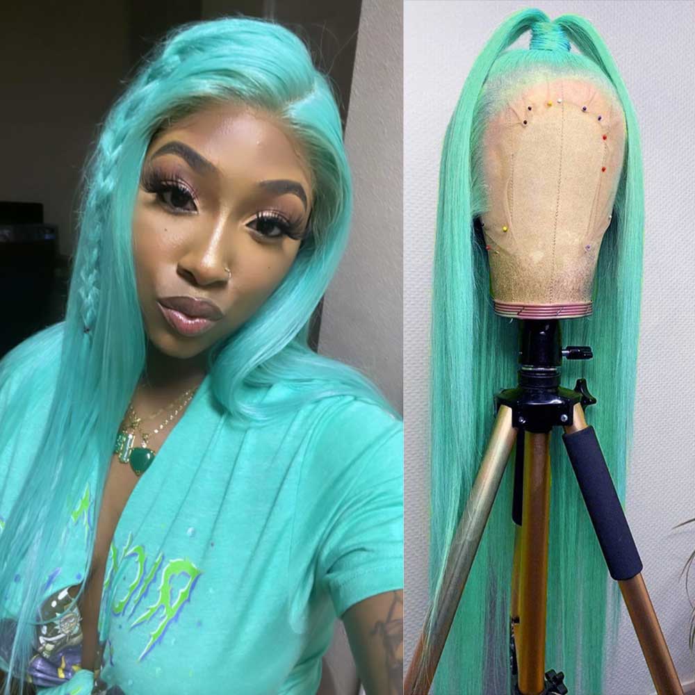 SULMY Mint Green Straight Human Hair Wigs