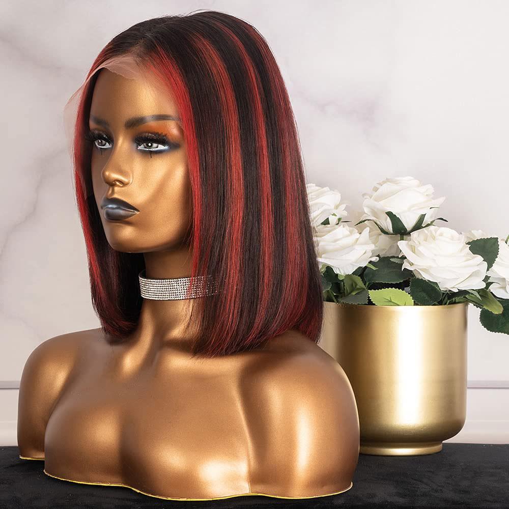 Short Bob Black and Red Highlights Lace Front Wig 100% Human Hair