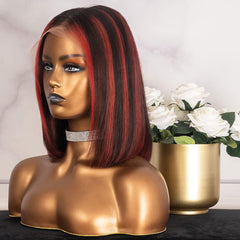 Short Bob Black and Red Highlights Lace Front Wig 100% Human Hair