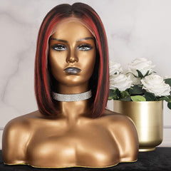 Short Bob Black and Red Highlights Lace Front Wig 100% Human Hair