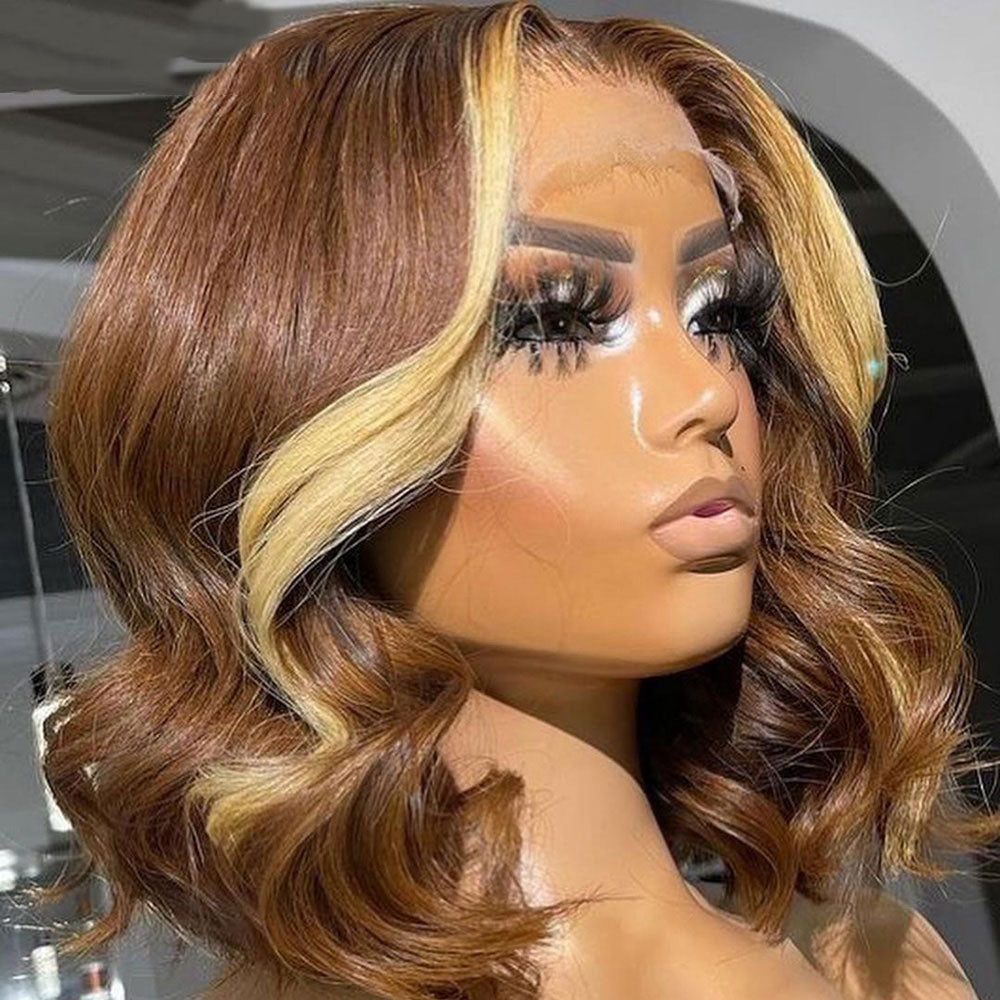 Short Brown Hair with Blonde Money Piece Wig 100% Real Human Hair Wig