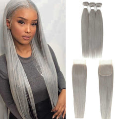 Silver Gray Straight Human Hair Weave Bundles with Closure