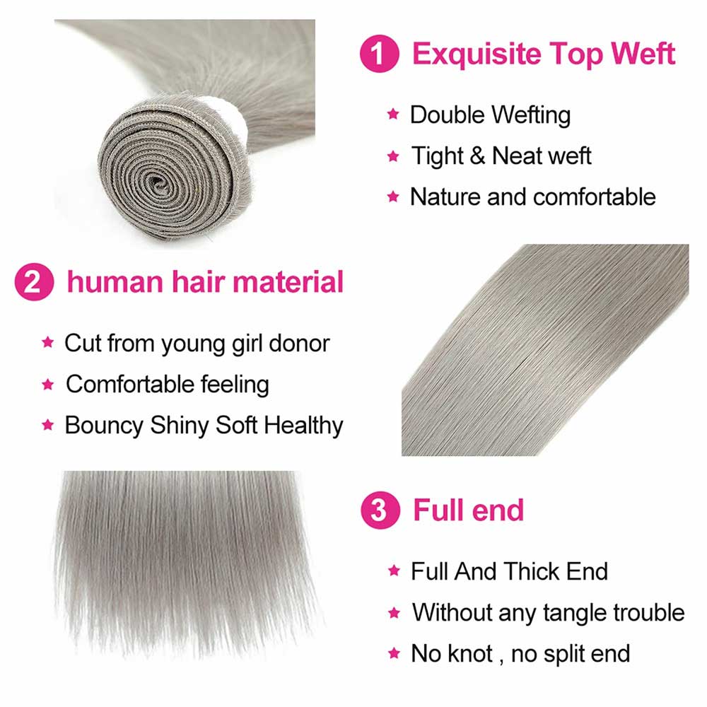 Silver Gray Straight Human Hair Weave Bundles with Closure