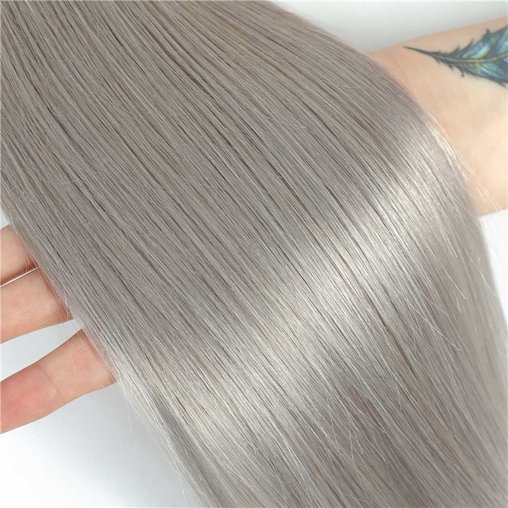Silver Gray Straight Human Hair Weave Bundles with Closure