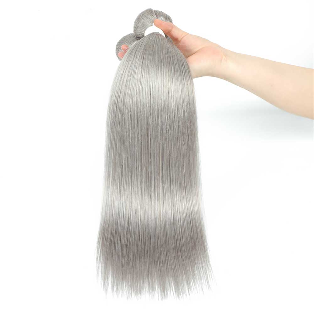Silver Gray Straight Human Hair Weave Bundles with Closure