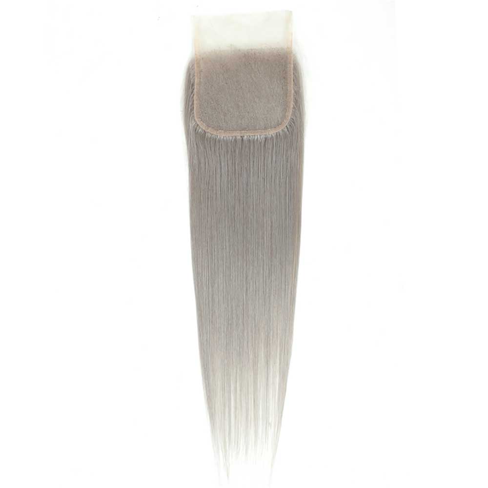 Silver Gray Straight Human Hair Weave Bundles with Closure
