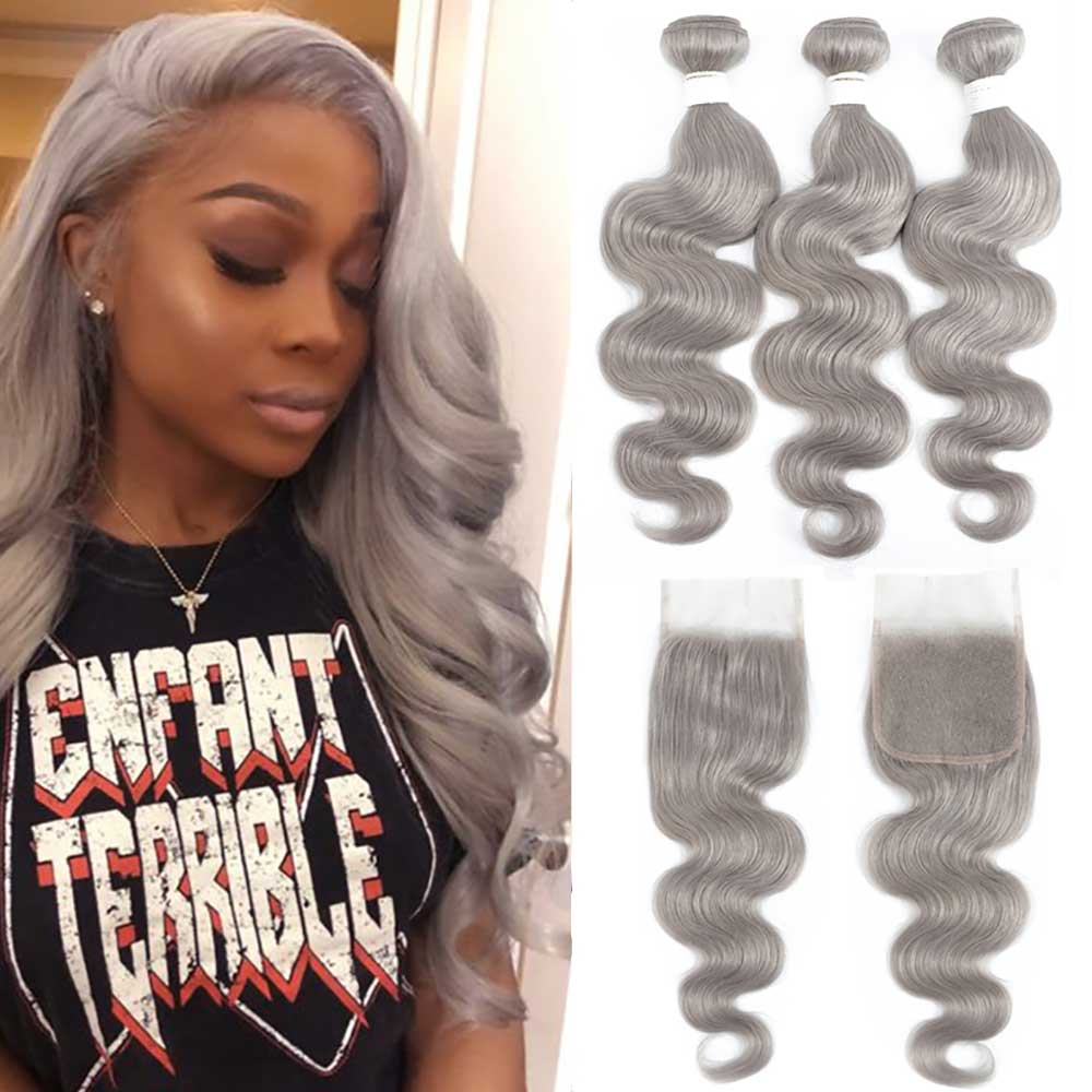 SULMY Silver Gray Wavy Human Hair Weave Bundles with Closure