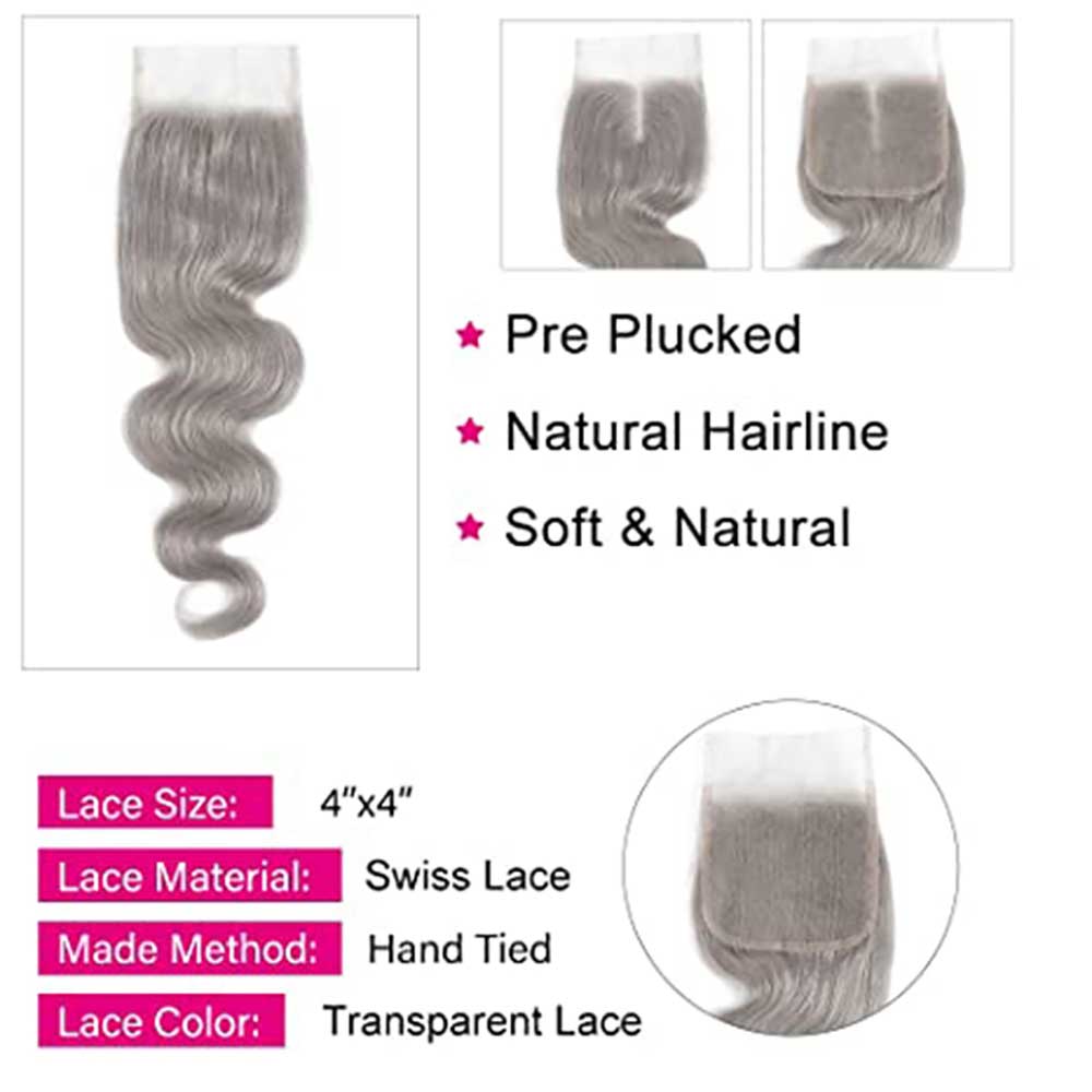 Silver Gray Wavy Human Hair Weave Bundles with Closure