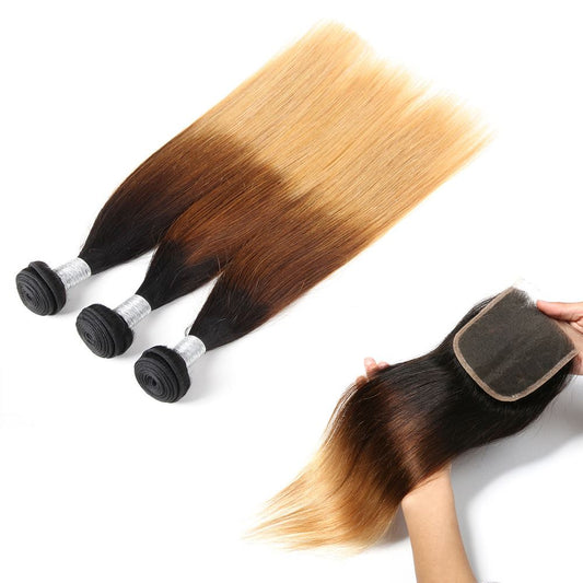 Sulmy 3 Bundles With Closure 1b #4 #27 Ombre straight Brazilian Hair Weave | SULMY.