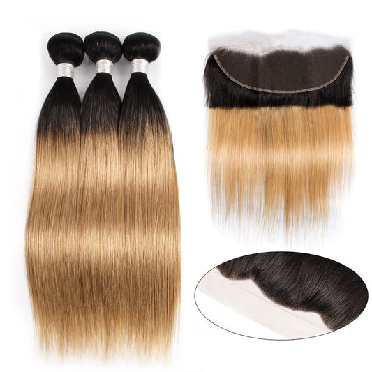 Sulmy 3 Bundles With Frontal Closure 1b #27 Ombre Straight Brazilian Hair Weave | SULMY.