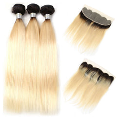 Ombre 613 Bundles With Frontal Straight Blonde Human Hair Dark Roots | SULMY.