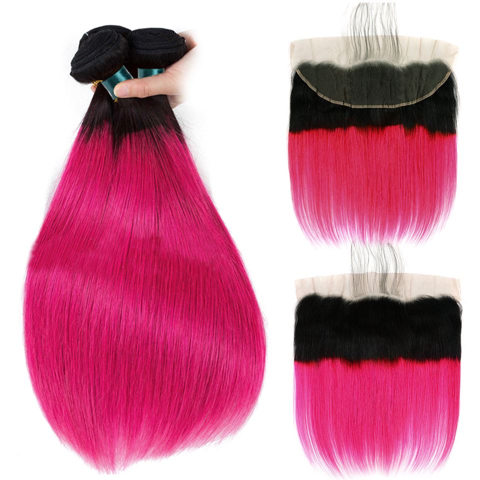 Hot Pink Bundles With Frontal Straight Pink Human Hair Dark Roots | SULMY.