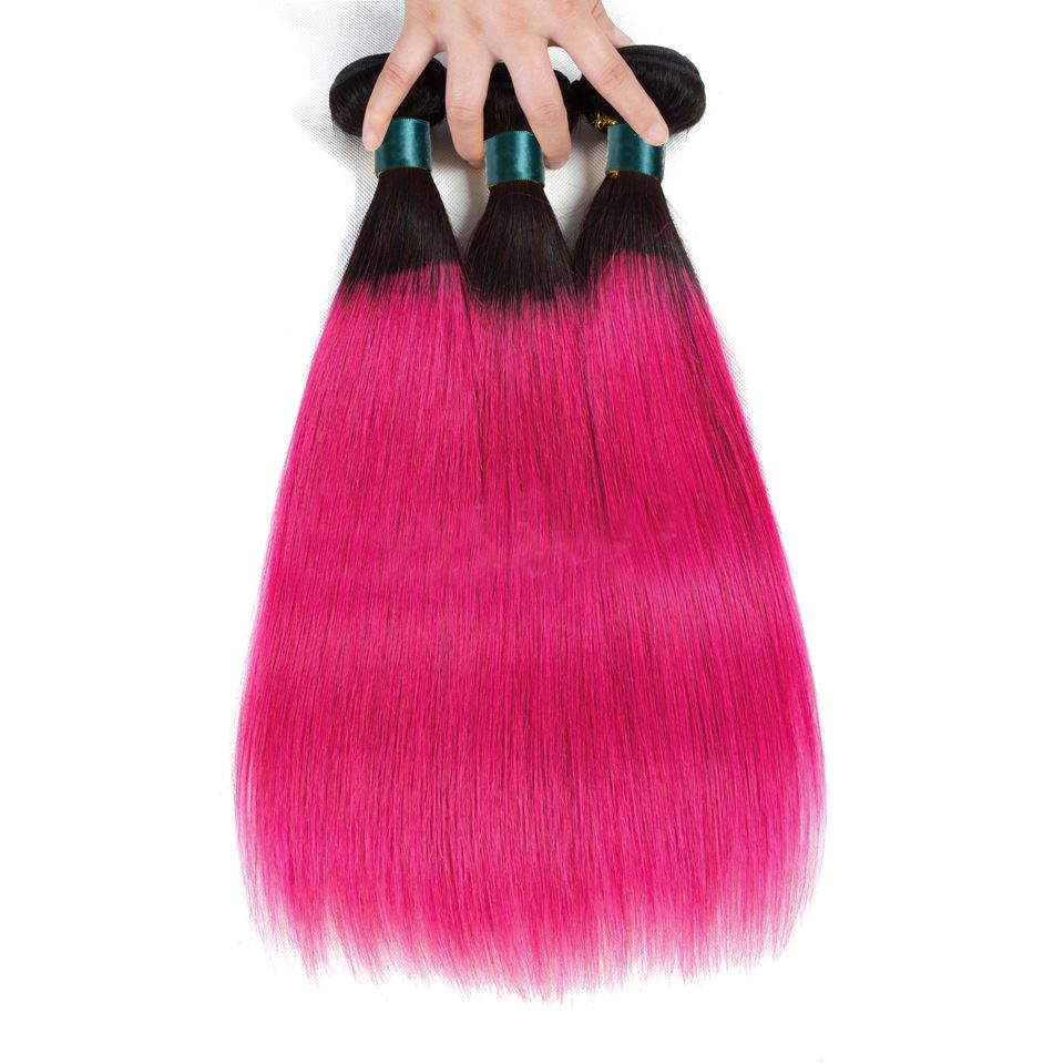 Hot Pink Bundles With Closure Straight Pink Human Hair Dark Roots | SULMY.