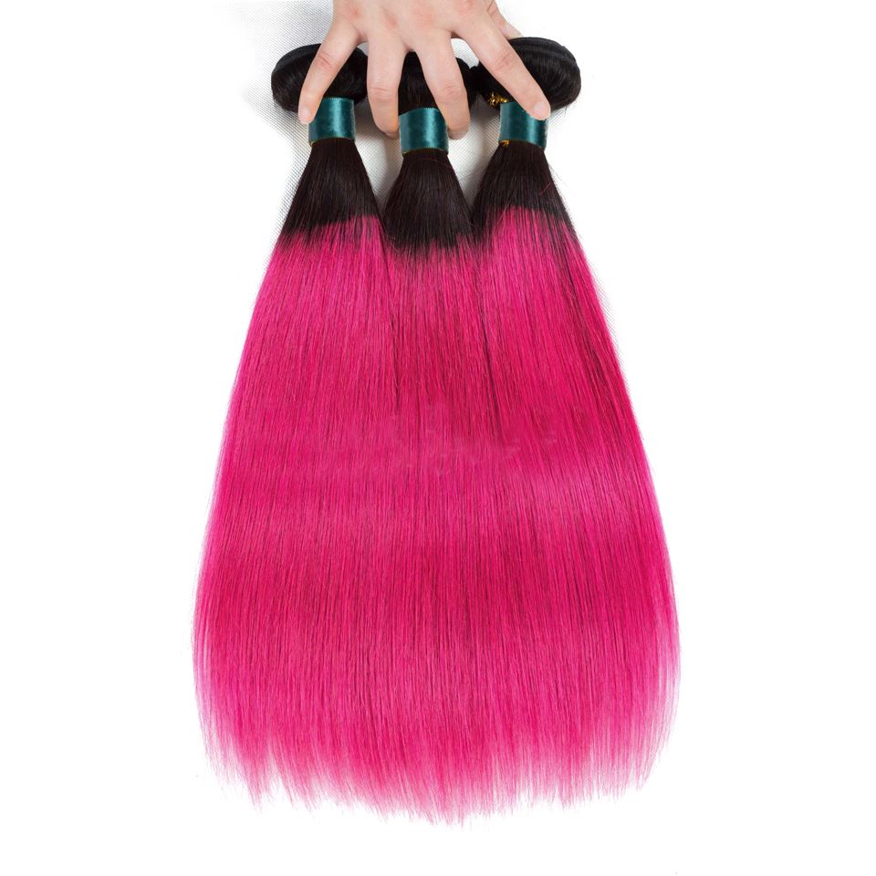 Hot Pink Bundles With Frontal Straight Pink Human Hair Dark Roots | SULMY.