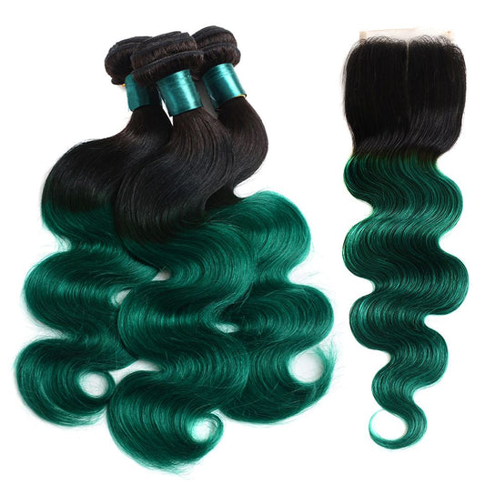 Dark Green Bundles With Closure Green Body Wave Human Hair Dark Roots | SULMY.