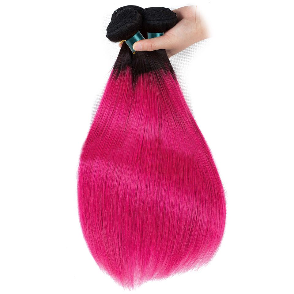 Hot Pink Bundles With Closure Straight Pink Human Hair Dark Roots | SULMY.