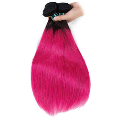 Hot Pink Bundles With Frontal Straight Pink Human Hair Dark Roots | SULMY.
