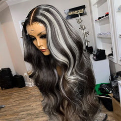 Balayage Ash Grey Highlights Wig 100% Real Human Hair Wavy Wigs