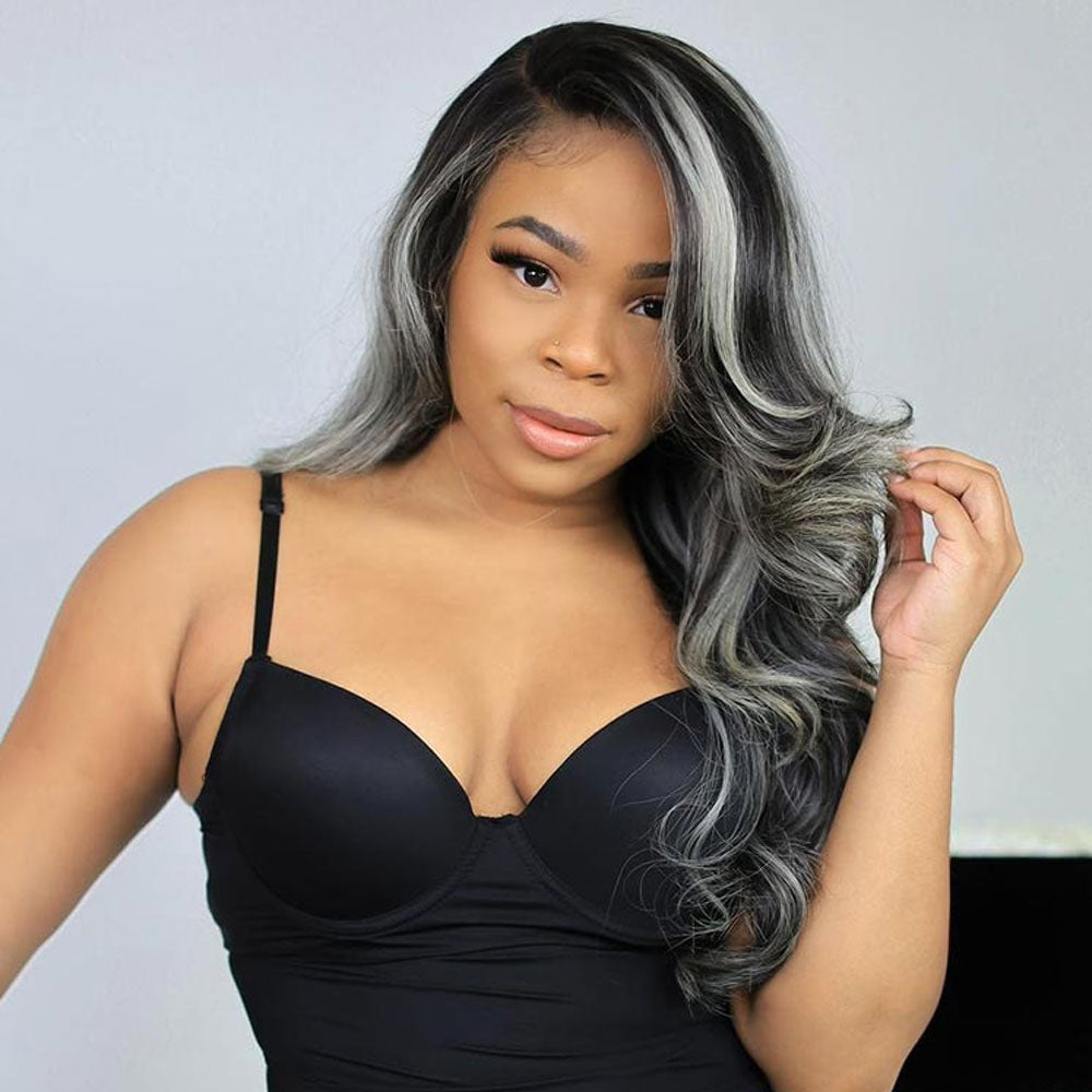 Balayage Ash Grey Highlights Wig 100% Real Human Hair Wavy Wigs