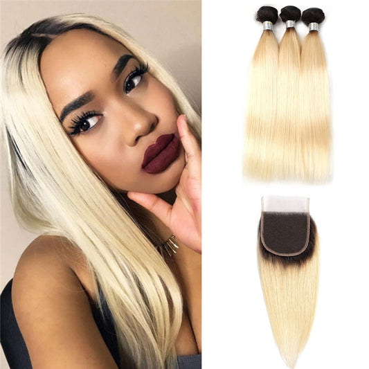 SULMY Black Roots 613 Bundles With Closure Straight Ombre Blonde Human Hair
