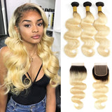 SULMY Black Roots Blonde Bundles With Closure Body Wave 613 Human Hair