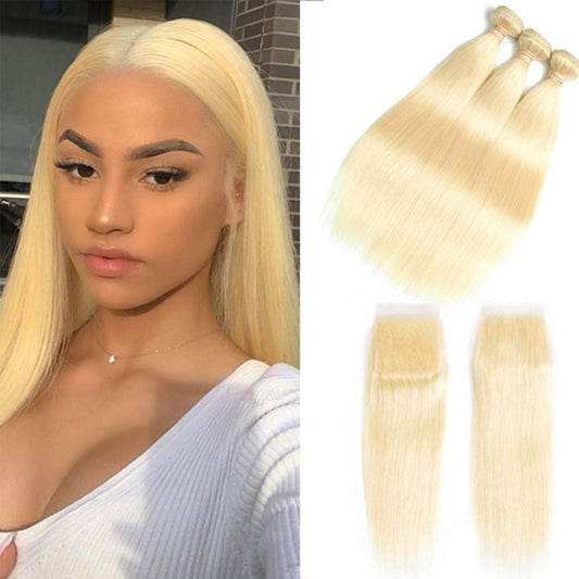 SULMY Blonde Bundles With Closure 613 Straight Human Hair Weave With Closure