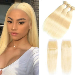 SULMY Blonde Bundles With Closure 613 Straight Human Hair Weave With Closure