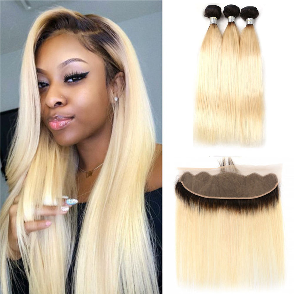 SULMY Ombre 613 Bundles With Frontal Straight Blonde Human Hair Dark Roots