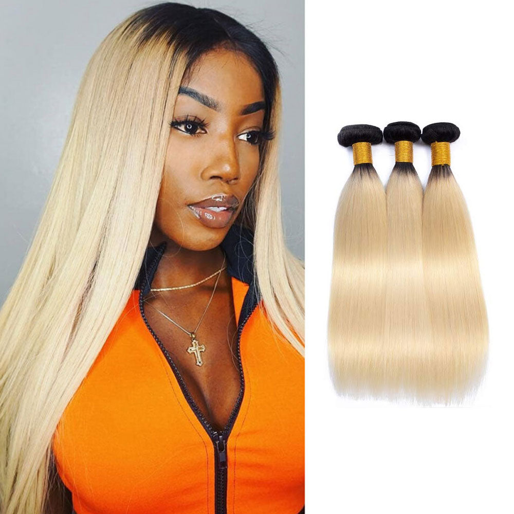 SULMY Black Roots 613 Hair Weave 3 Bundles Deals Ombre Blonde Straight Human Hair