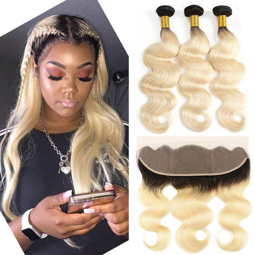 SULMY Dark Roots 613 Bundles With Frontal Body Wave Blonde Human Hair