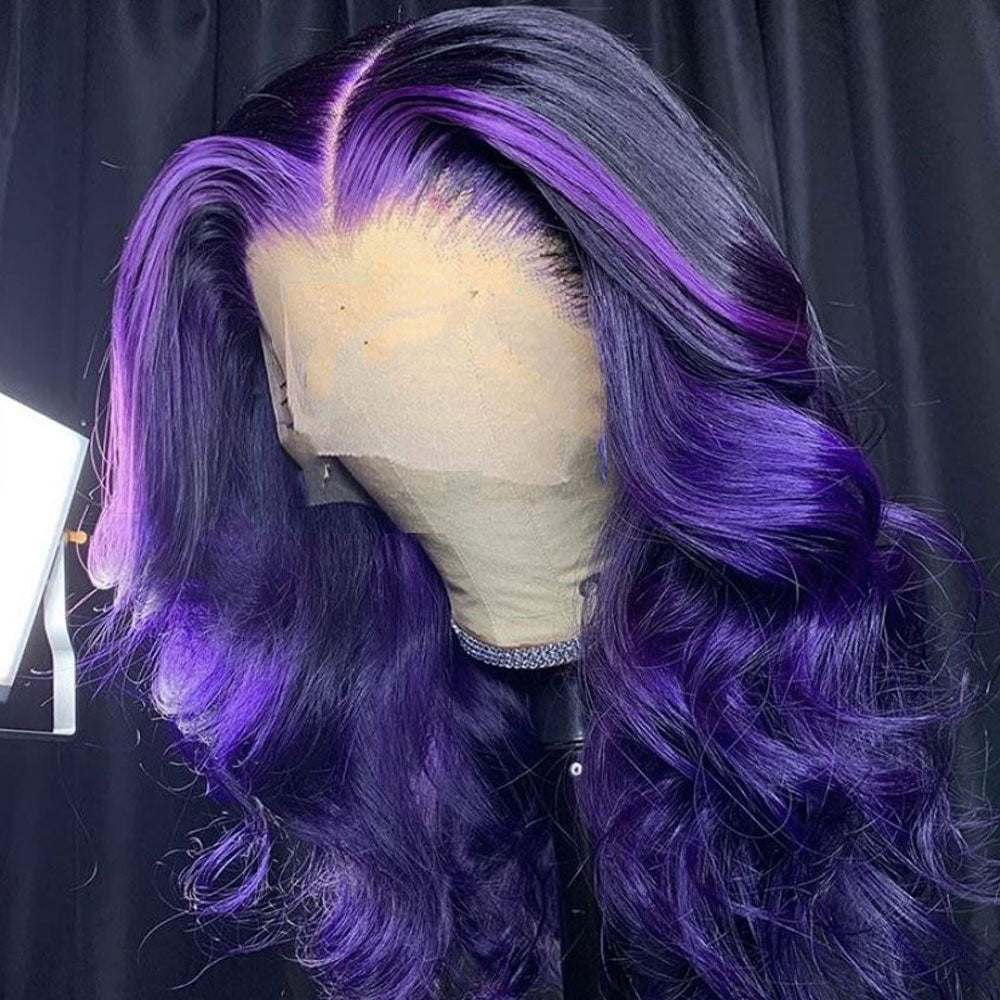 Black and Purple Lace Front Wig 100% Real Human Hair Wavy Wig