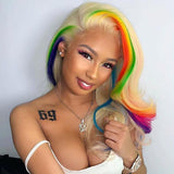Blonde Human Hair Wig With Colored Rainbow Streak In Front